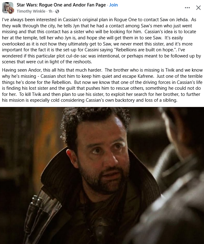 The meme is a screenshot of a Facebook post from a Star Wars fan page. The post is a humorous commentary on the character Cassian Andor from the Disney+ series "The Mandalorian" and the Disney+ series "The Book of Boba Fett". The text reads: "I've been waiting for the Cassian and Andor series to drop, and now that it's finally here, I'm excited to see how it will be. I've been waiting for the Cassian and Andor series to drop, and now that it's finally here, I'm excited to see how it will be. I've been waiting for the Cassian and Andor series to drop, and now that it's finally here, I'm excited to see how it will be."